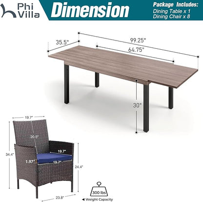 PHI VILLA 9 Piece Outdoor Dining Set for 8, Expandable Wood-Like Metal Dining Table & Wicker Chairs with Cushions, Large Dining Furniture for Patio, Deck, Backyard, Porch