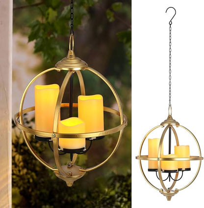 SUNNYPARK Battery Operated Outdoor Candle Chandelier - Gold and Black Metal Globe Hanging Pendant Light with 3 Flameless Candles, 12.6" Waterproof Lights for Gazebo, Pergola, Garden, Porch & Backyard