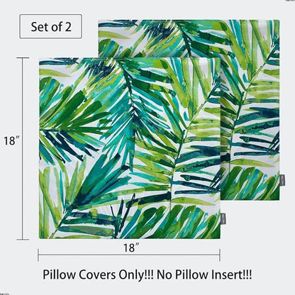 Magpie Fabrics Patio Pillow Covers ONLY 18"x18", Set of 2, Fade-Resistant Outdoor Indoor Decorative Throw Pillowcase Shell for Couch Garden Furniture - Green Palm Leaves