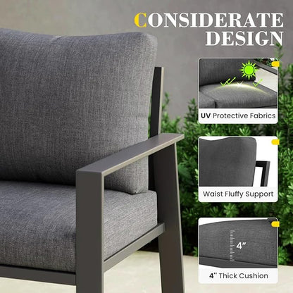 Aluminum Patio Furniture Chair, Outdoor Seating Set 4" Cushion Loveseat Sofa for Balcony
