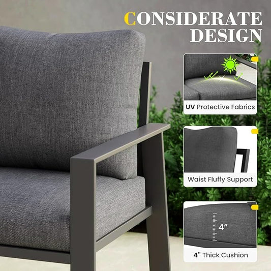 Aluminum Patio Furniture Chair, Outdoor Seating Set 4" Cushion Loveseat Sofa for Balcony