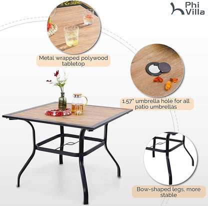PHI VILLA 5 Pieces Patio Dining Set for 4 with 10ft Patio Umbrella, Metal Outdoor Stackable Wrought Iron Chair Set of 4 & 37" Metal Wood-Like Dining Table,3 Tier Vented Market Table Beige Umbrella