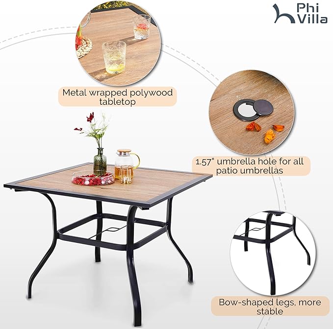 PHI VILLA 5 Pieces Outdoor Dining Set with Umbrella for 4, 37" Square Metal Polywood Table & Cushioned Wicker Rattan Chairs & 10ft Red Umbrella Furniture for Patio, Deck, Yard, Porch