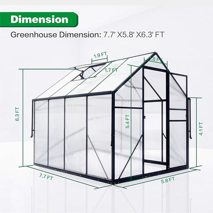 6x8 FT Greenhouse for Outdoors, Polycarbonate Green House with Adjustable Roof Vent and Rain Gutter, Aluminum Large Walk-in Greenhouse with Quick Setup Structure for Outside Garden Backyard Patio
