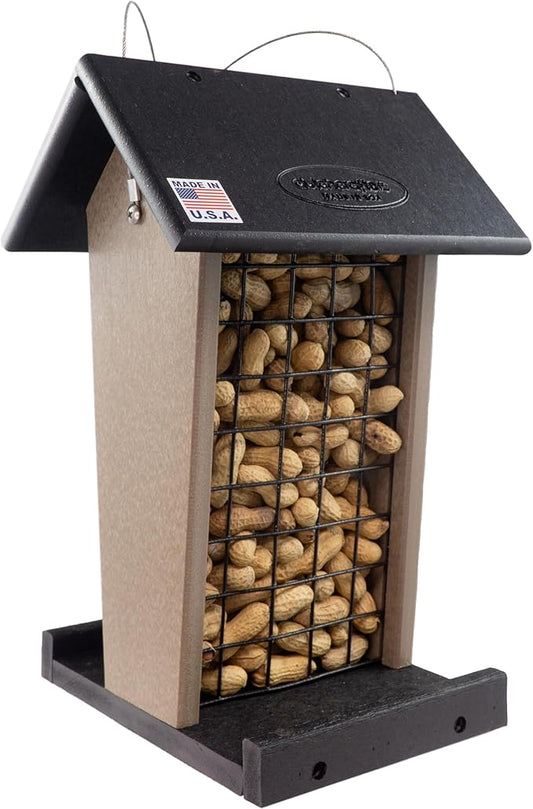 DutchCrafters Plastic Poly Hanging Whole Peanut Bird Feeder for Large Birds, Woodpeckers, Crows, Blue Jays for Outdoor, Garden, Yard - USA Amish Made (Black & Weatherwood)