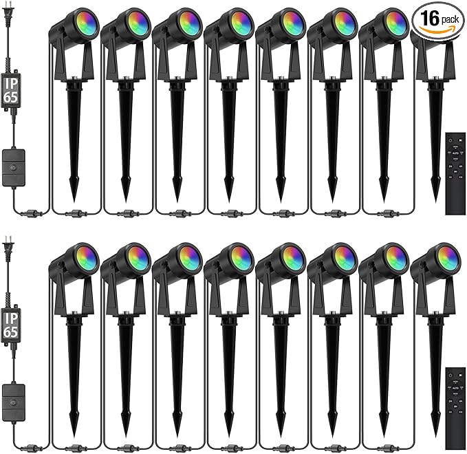 SUNTHIN Outdoor Landscape Lighting with Remote, RGBW Color Changing Spot Uplights, 16 Pack