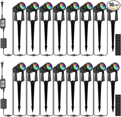 SUNTHIN Outdoor Landscape Lighting with Remote, RGBW Color Changing Spot Uplights, 16 Pack