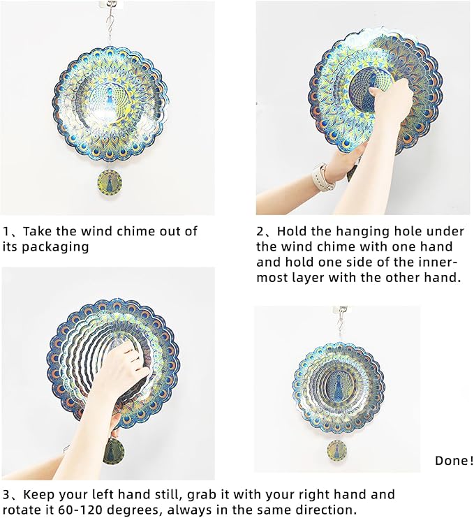 Peacock Wind Spinner Outdoor 3D Stainless Steel Garden Hanging Decorations Outdoor, 12 inch Metal Wind Spinners Clearance, Wind Kinetic Sculpture Yard Art Decor Gift for Women Men