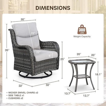 Patio Swivel Chairs with Smile-Shaped Cushions, 3 Piece High Back Patio Swivel Glider Chairs with Side Table 3PCS PE Rattan Luxury Swivel Patio Chairs Set Grey Wicker | Beige Cushions