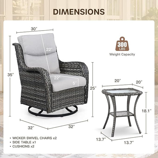 Patio Swivel Chairs with Smile-Shaped Cushions, 3 Piece High Back Patio Swivel Glider Chairs with Side Table 3PCS PE Rattan Luxury Swivel Patio Chairs Set Grey Wicker | Beige Cushions