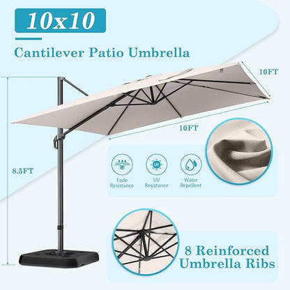 Hotime 10x10ft Large Cantilever Patio Umbrellas - Upgrade and Intensify - with 360 Rotation and 5 Angles Adjustment - Aluminum Offset Pool Umbrella Square Outdoor Umbrella for Patio Garden