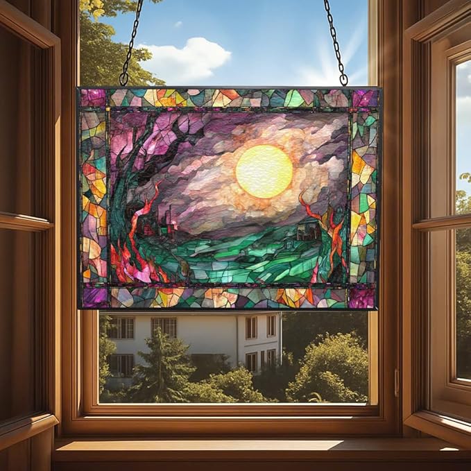 Personalized Rectangle Haunted Night Stained Glass Window Hangings, Handcrafted Stained Glass Suncatchers, Gift for Cat Lovers Nature Lovers 15"x11" Mothers Day