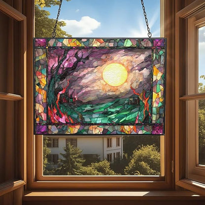 Personalized Rectangle Haunted Night Stained Glass Window Hangings, Handcrafted Stained Glass Suncatchers, Gift for Cat Lovers Nature Lovers 15"x11" Mothers Day