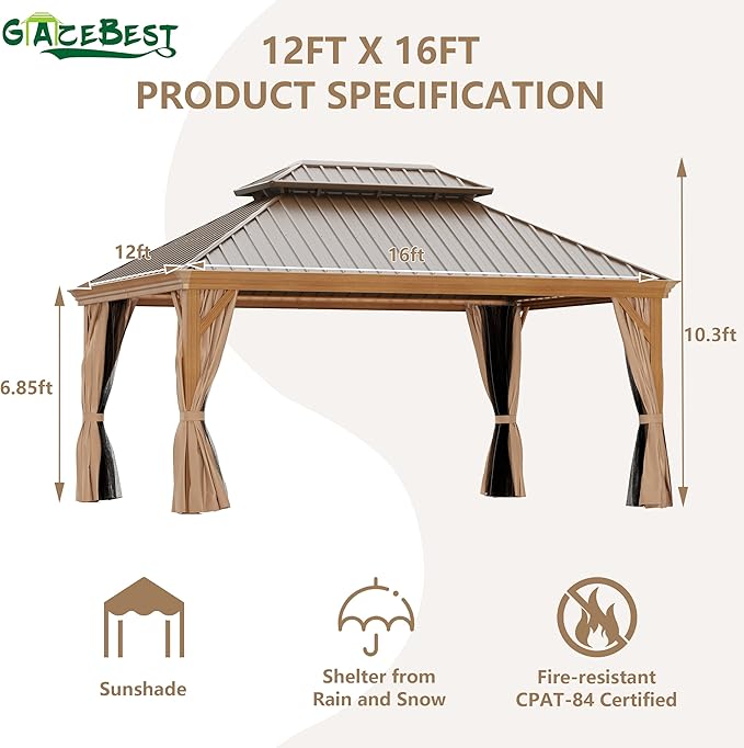 12' X 16' Hardtop Gazebo, Outdoor Aluminum Patio Gazebo Double Roof Galvanized Steel Wooden Finish Coated Canopy with Netting and Curtains for Garden, Patio, Backyard, Deck and Lawns.