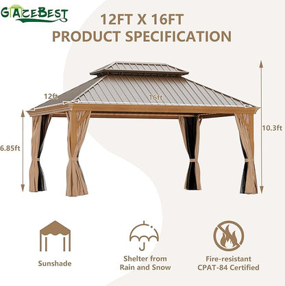 12' X 16' Hardtop Gazebo, Outdoor Aluminum Patio Gazebo Double Roof Galvanized Steel Wooden Finish Coated Canopy with Netting and Curtains for Garden, Patio, Backyard, Deck and Lawns.