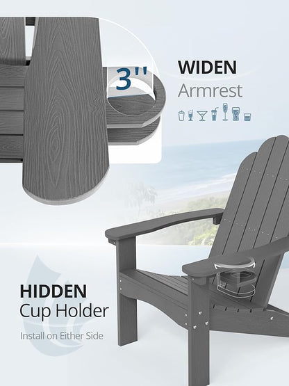 LUE BONA HDPE Adirondack Chairs Set of 4,Plastic Adirondack Chairs with Cup Holder Weather Resistant for Outdoor, Patio, Lawn, Garden, Backyard Deck, Fire Pit, Dark Gray