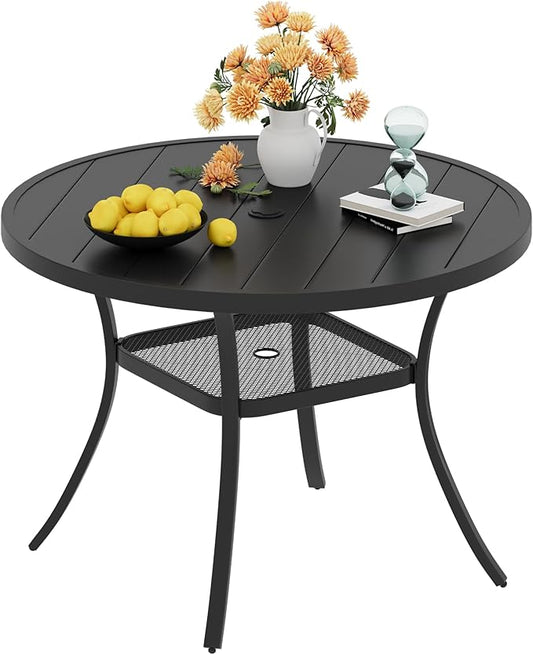 VICLLAX 40.6" Round Metal Outdoor Dining Table for 4, Patio Table with Umbrella Hole and Storage Shelf for Garden, Lawn, Deck, Black