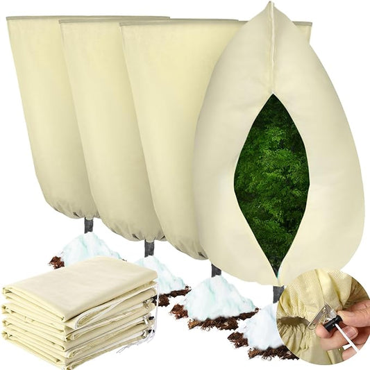4 Pcs Plant Covers Freeze Protection 35.4" x 59" Winter Frost Blankets for Outdoor Plants with Zipper Drawstring Frost Cloth Freeze Covers Warm Shrub Jacket for Fruit Tree Potted(Beige)
