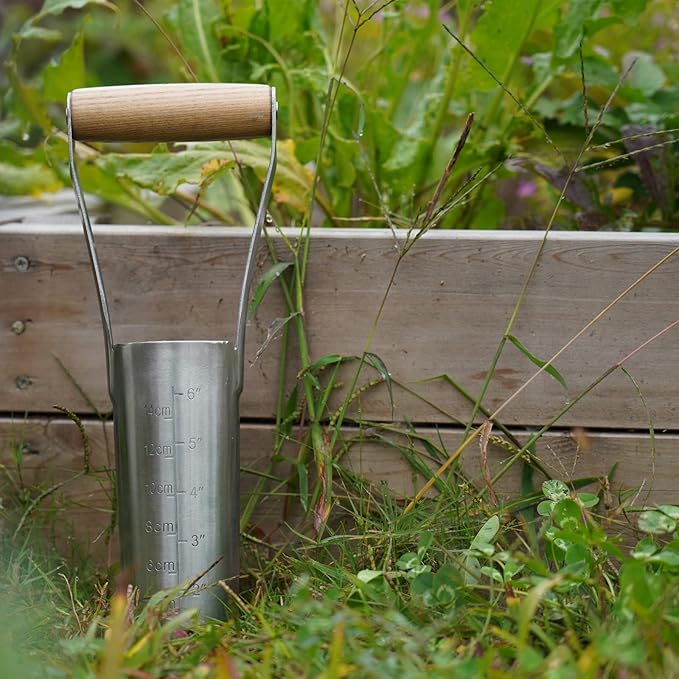 Berry&Bird Garden Bulb Planter with 6 inches Depth Mark, Garden Bulb Transplanter Tool with Wooden Handle, Stainless Steel Soil Release Tool for Transplanting Digging Planting Flowers
