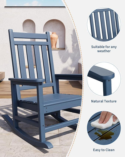 GarveeLife Poly Lumber Rocking Chair Outdoor Set of 2 - HDPE High Back Porch Rocker Chairs for Adults - All Weather Resistant Furniture for Patio - Navy Blue