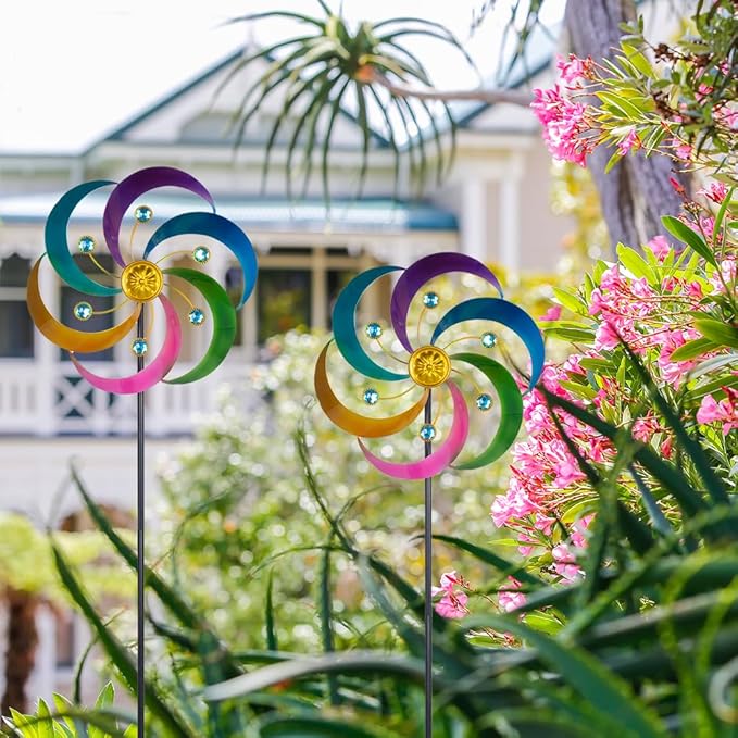 DREAMYSOUL 2 Packs Metal Wind Spinners Outdoor, Colorful Pinwheels for Yard and Garden, Kinetic Wind Spinner & Sculpture