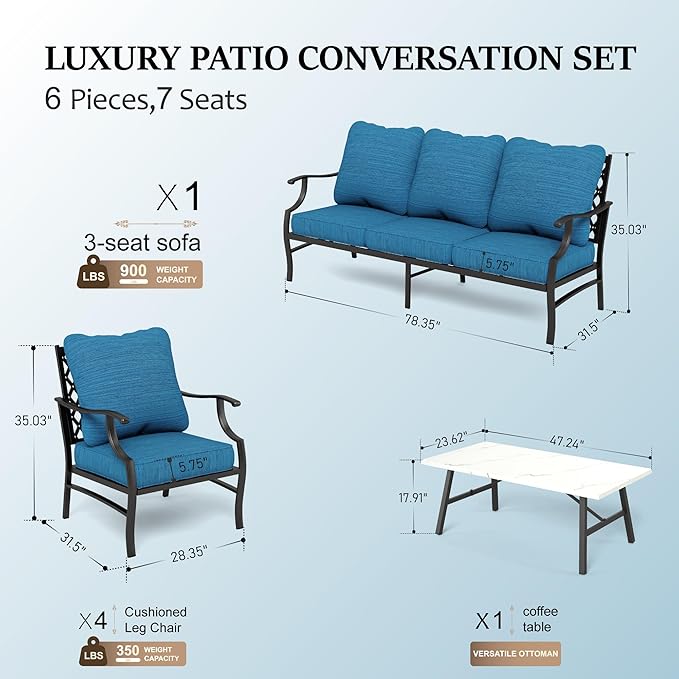 HERA'S HOUSE 6 Piece Patio Furniture Set, 4 x Fixed Metal Cushioned Chair, 1 x 3-Seat Sofa with Marbling Coffee Table, 7 Seats Outdoor Conversation Set for Lawn Garden Backyard, Pacific Blue
