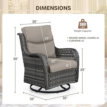 Patio Swivel Chair Set of 2, Resin Wicker Swivel Patio Glider Chairs with Smile-Shaped Cushions, High Back Luxury Swivel Patio Glider Chairs for Outdoor, Brown Wicker|Grey Cushions