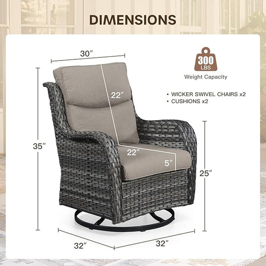 Patio Swivel Chair Set of 2, Resin Wicker Swivel Patio Glider Chairs with Smile-Shaped Cushions, High Back Luxury Swivel Patio Glider Chairs for Outdoor, Brown Wicker|Grey Cushions