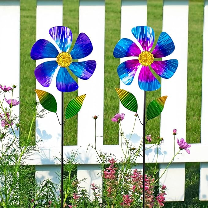Viveta 2 Pack Garden Wind Spinners, 35.4 "Flower Metal Windmill,Pink and Blue Wind Sculpture,Pinwheels for Yard and Garden