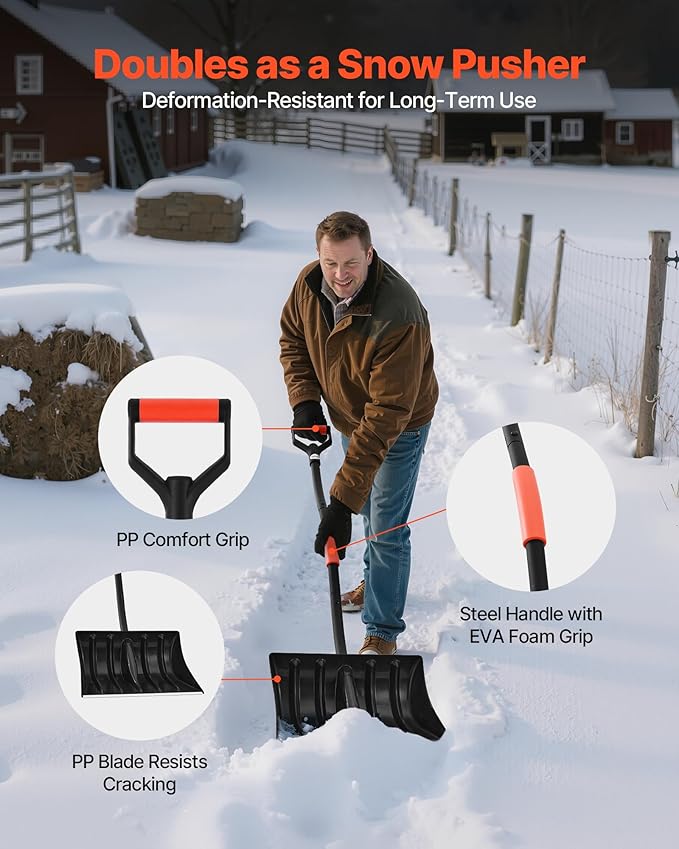 VEVOR Snow Shovel for Driveway, 17 in Wide Plastic Snow Shovel with D-Shaped Handles & Aluminum Blade, Large Capacity Snowplow Shovels, Lightweight Snows Removal Tool for Garden Car Camping