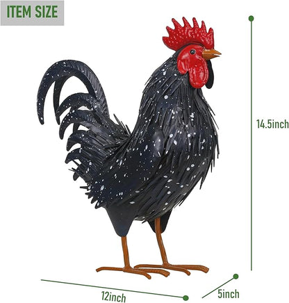 Rooster Garden Statue Sculpture Metal Chicken Yard Decor Outdoor Figurines Patio Backyard Decoration (Black)