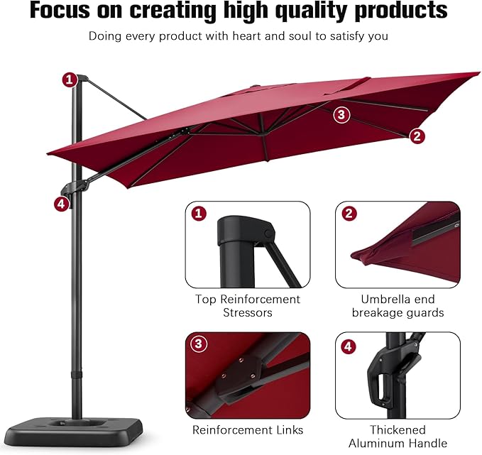Hotime 10ft Patio Umbrella Outdoor Patio Windproof and Height adjustable, Heavy Duty Aluminum Square Offset Patio Umbrella Cantilever Pool Umbrella with 360°Rotation for Garden Deck Pool, Wine Red