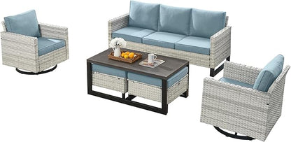 Wicker Outdoor Patio Furniture Set - 6 Piece Patio Conversation Set with 2 Swivel Rocker Chairs,2 Rattan Ottoman,1 Couch and 1 Metal Coffee Table for Outside Porch Deck Backyard(Light Grey/Sky Blue)
