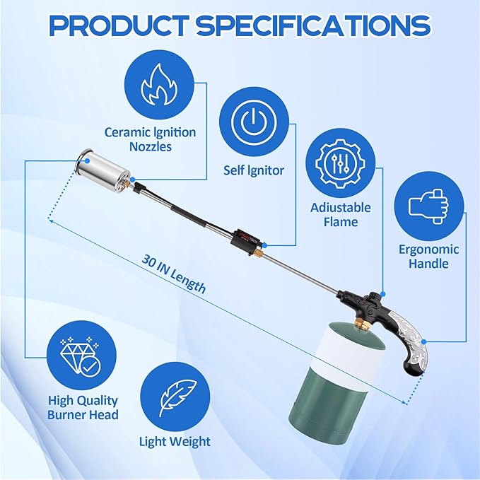 Siasky Weed Torch Propane Burner 1,200,000 BTU, Propane Weed Torch with Push Button Igniter, Flame Weeder Torch for Weeds, Snow Melting, Asphalt, Garden, Roofing, Weed Torch Kit for Outdoor Use