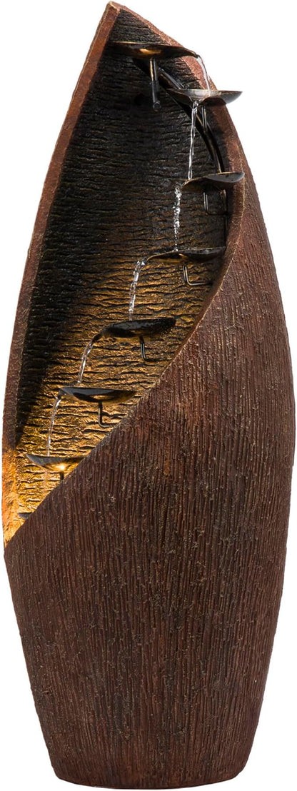 Alpine Corporation GIL122 43" Outdoor Floor Contemporary Tiered Bronze Metal Water Fountain with LED Lights, Stylish Outdoor Water Feature for Garden and Patio Décor, Brown