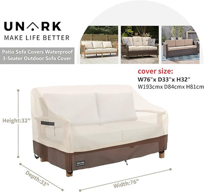 Outdoor 3-Seater Sofa Cover, Heavy Duty Patio Furniture Covers Waterproof, 76W x 33D x 32H Inches Patio Couch Cover Waterproof Couch Covers for Outdoor Furniture, Beige and Brown