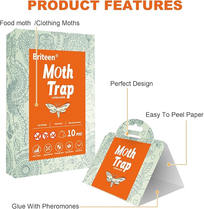 Pantry Moth Traps 10-Pack Safe and Effective for Food and Clothing- Glue Traps with Pheromones for Wool Closet Carpet Food and Cupboard K03