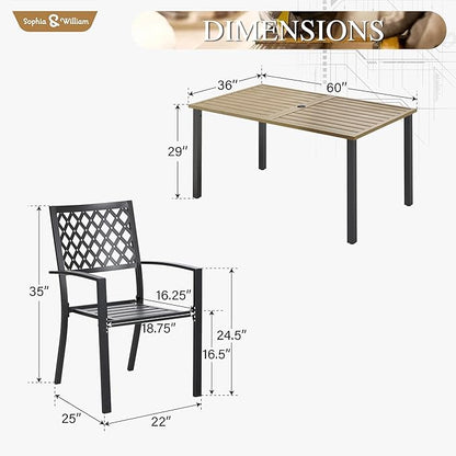 Sophia & William Patio Table and Chairs Set, Outdoor Dining Set for 6, 7 Piece Metal Patio Furniture, 60" Rectangular Table with Wood-Like Tabletop(Diamond)