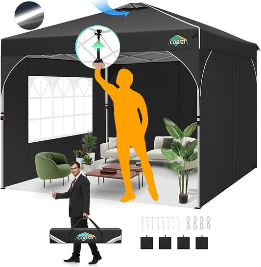 COBIZI 10x10 Pop up Canopy, Canopy Tent 10x10 with 3 Sidewalls, 1 Person Easy Set up，Tents for Parties, Outdoor Tent with Fluorescent Strip & 4 Sandbags, Waterproof, 3 Adjustable Height（Black）