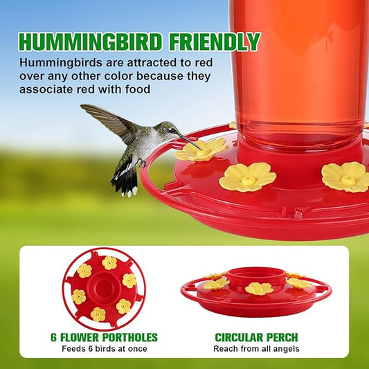 2-Pack Plastic Hummingbird Feeder - 22oz Leakproof Outdoor, 6 Bee-Proof Ports with Ant Moat, Wide Mouth Easy Clean, Hanging Hook for Trees or Decks