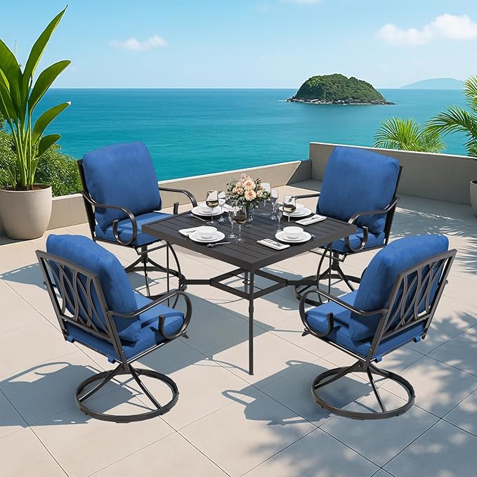 MELLCOM Patio Swivel Chair Set of 4, Heavy Duty Outdoor Dining Chairs with Thickened Cushions, Metal Patio Chairs Gentle Rocker for Outside, Garden Lawn & Porch, Backyard, Blue