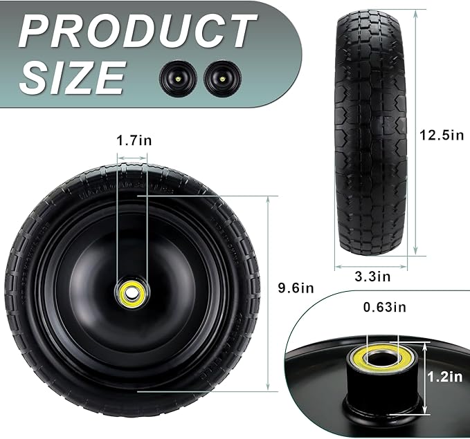13"Garden Cart Tire Replacement for 13" Flat-Free Tire and Wheel with 5/8" Axle Borehole, 2.1" Offset Hub, 3.15" Wide Tires Used for Wheelbarrow Garden Cart and Trolleys, 4-Pack by Cenipar