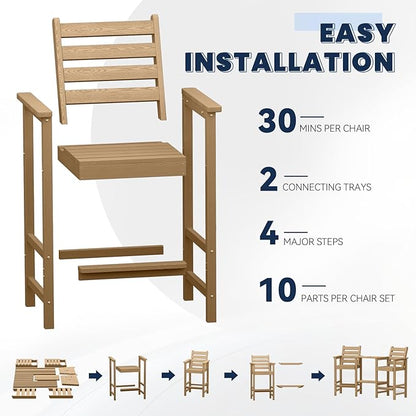 Tall Adirondack Chairs Set of 2, All Weather HDPE Poly Bar Height Balcony Adirondack Chair with Removable Double Connecting Trays, Outdoor Adirondack Barstools for Deck, Patio, Yard, Pool, Lawn