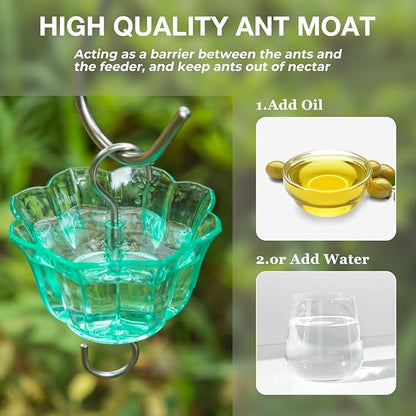 Kingsyard 2 Pack Glass Hummingbird Feeder for Outdoors, 16 Oz Wild Bird Feeder with 6 Feeding Ports Hanging for Garden Yard, Green (Ant Moat Included)