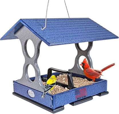 JCS Wildlife Medium Poly Fly-Thru Bird Feeder w/Removable Seed Tray - Holds 4 Cups of Bird Seed to Attract Cardinals, Chickadees, and More Backyard Birds (Blue)