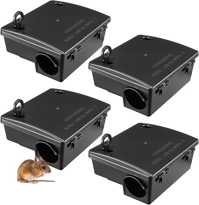 Qualirey 4 Pack Rat Bait Stations Large Rodent with Key Reusable Mouse Stations Mice Blocks Heavy Duty Boxes for Outdoor Rodents Mice Blocks, Bait Not Included, Black (8.66 x 7.5 x 3.9 Inches)