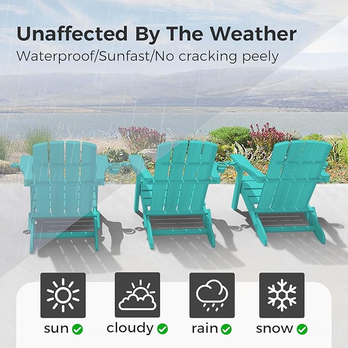 Folding Adirondack Chair with Wood Texture, Plastic Adirondack Chairs with 2 Cup Holder, HDPE All-Weather Fire Pit Chairs,Outdoor Lawn Chair for Patio Garden (Lake Blue)
