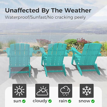 Folding Adirondack Chair Wood Texture 2 Pack, HDPE All-Weather Fire Pit Chairs, Plastic Adirondack Chairs with 2 Cup Holder, Outdoor Lawn Chair for Patio Garden (Lake Blue)