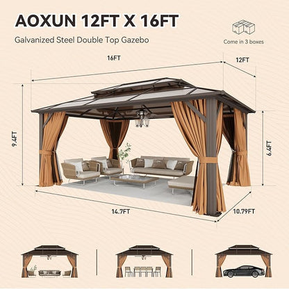 Aoxun Hardtop Gazebo, Aluminum Frame Permanent Pavilion with Netting and Curtains, Outdoor Polycarbonate Double Roof Canopy, Designed for Lawn, Garden, Patio (Brown, 12'x16' with Ground Anchor)