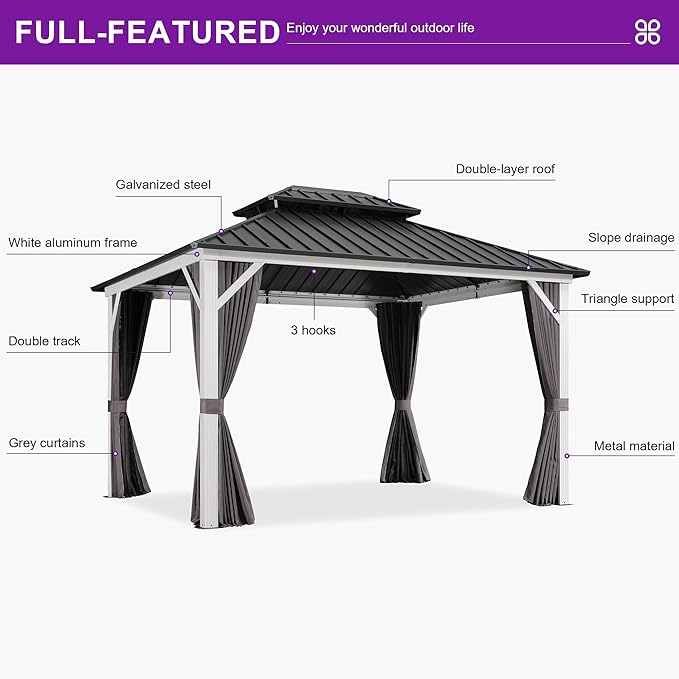 PURPLE LEAF 10' X 12' Hardtop Gazebo,White Aluminum Gazebo with Curtains and Netting,Galvanized Steel Gazebos with Double Roof,for Paito and Backyard